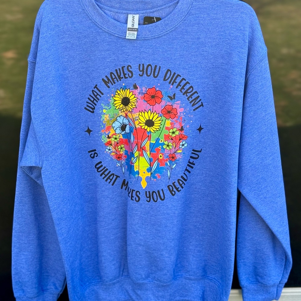 Gildan Blue Crewneck Sweatshirt with Colorful Floral Graphic